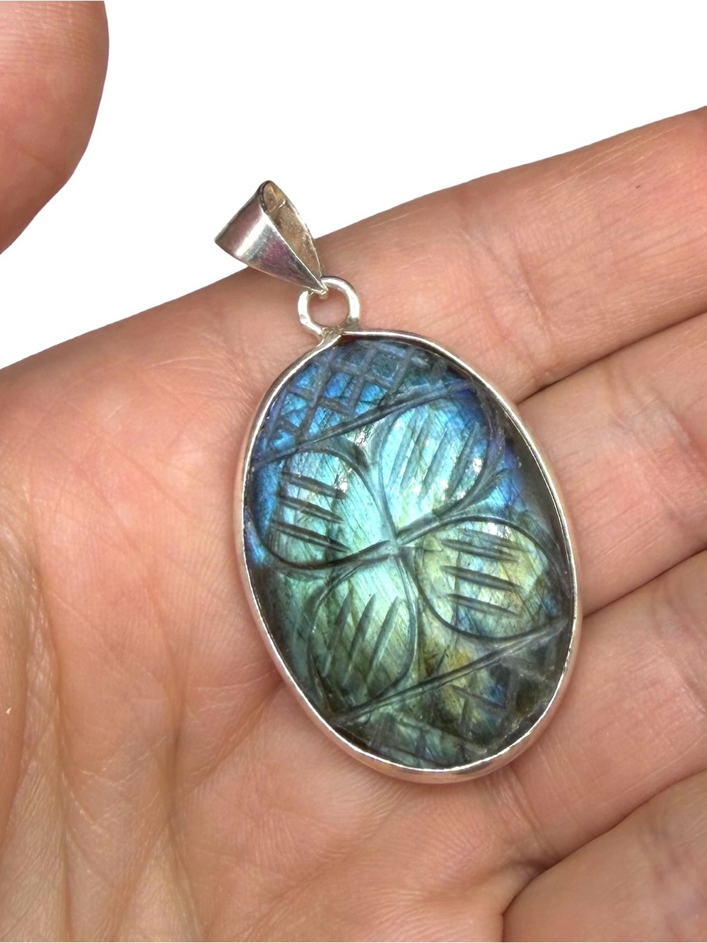 Labradorite Necklace Pendant 925 Sterling Silver Overlay Carved Stone Crystal